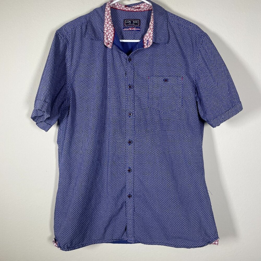 LON-NYC Across the Pond Men's L Navy White Print Button-Up Shirt Large!